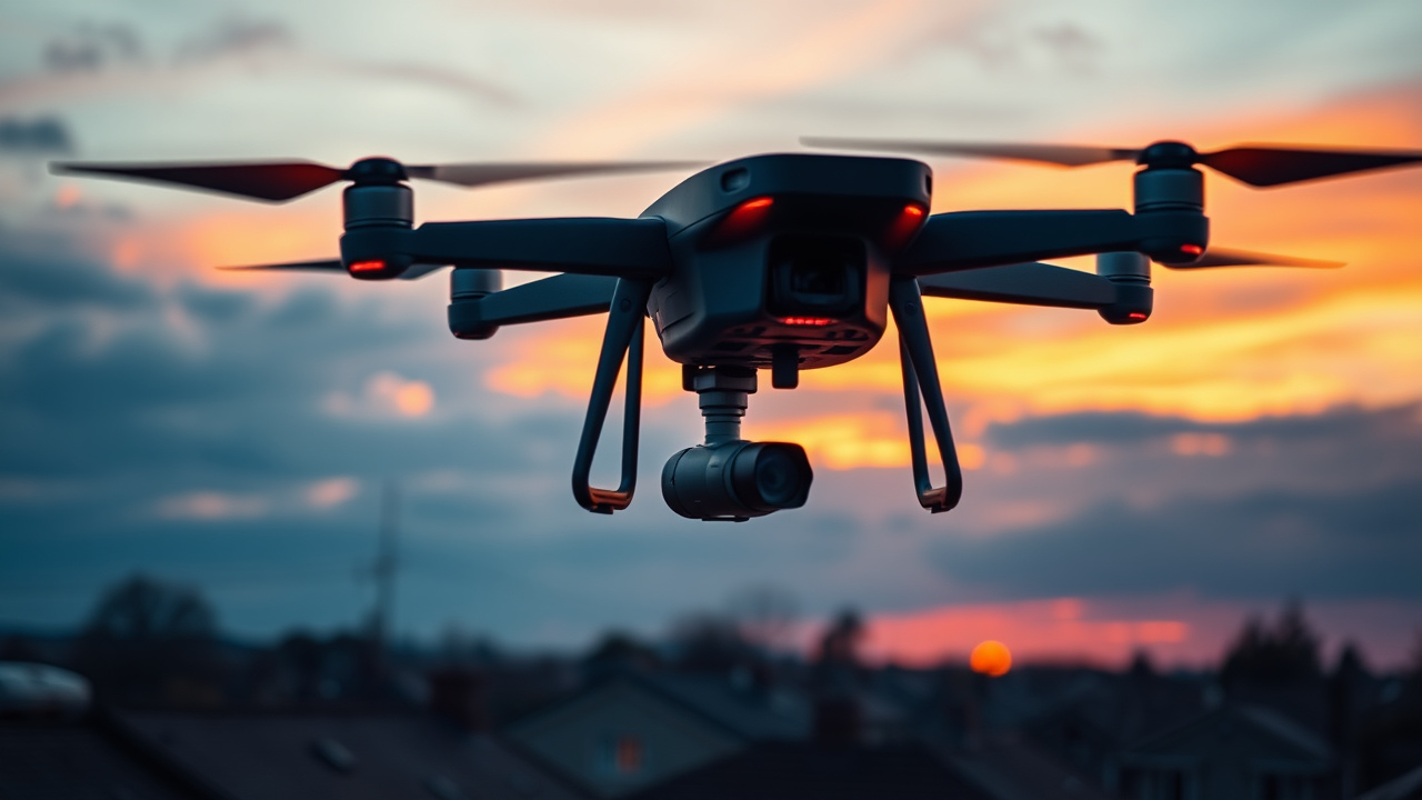 Drone flying a thermal inspection pass over a residential roofline at dusk